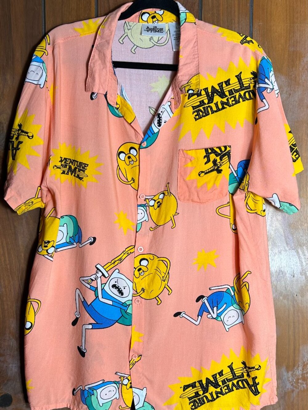 Cartoon Network Adventure Time Mens S/S Button Down Pocket Shirt Pink Sz Large